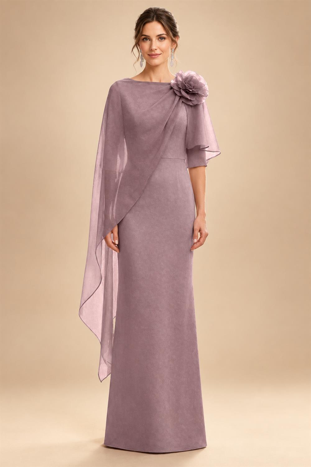 Sheath Satin 3/4 Sleeves Maxi Mother of the Bride & Groom Dresses with Chiffon Cape (SHI22500709)