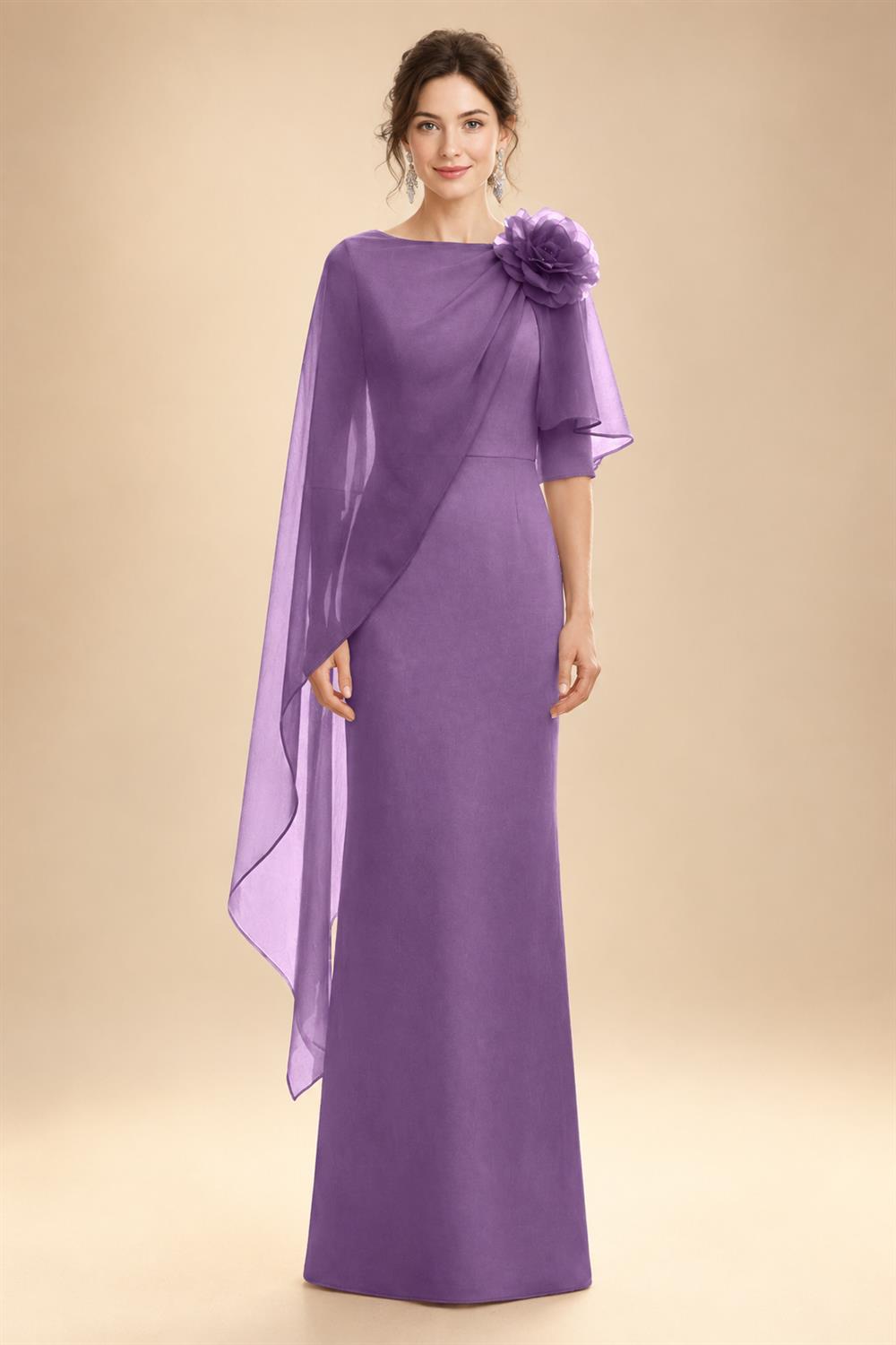 Sheath Satin 3/4 Sleeves Maxi Mother of the Bride & Groom Dresses with Chiffon Cape (SHI22500709)