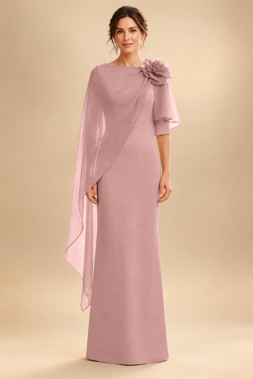 Sheath Satin 3/4 Sleeves Maxi Mother of the Bride & Groom Dresses with Chiffon Cape (SHI22500709)