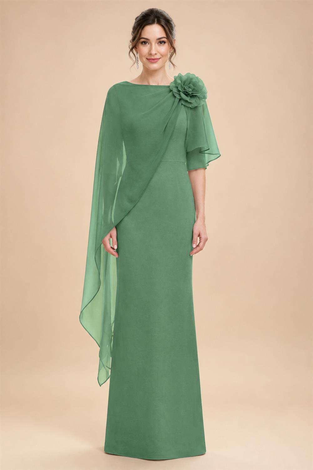 Sheath Satin 3/4 Sleeves Maxi Mother of the Bride & Groom Dresses with Chiffon Cape (SHI22500709)