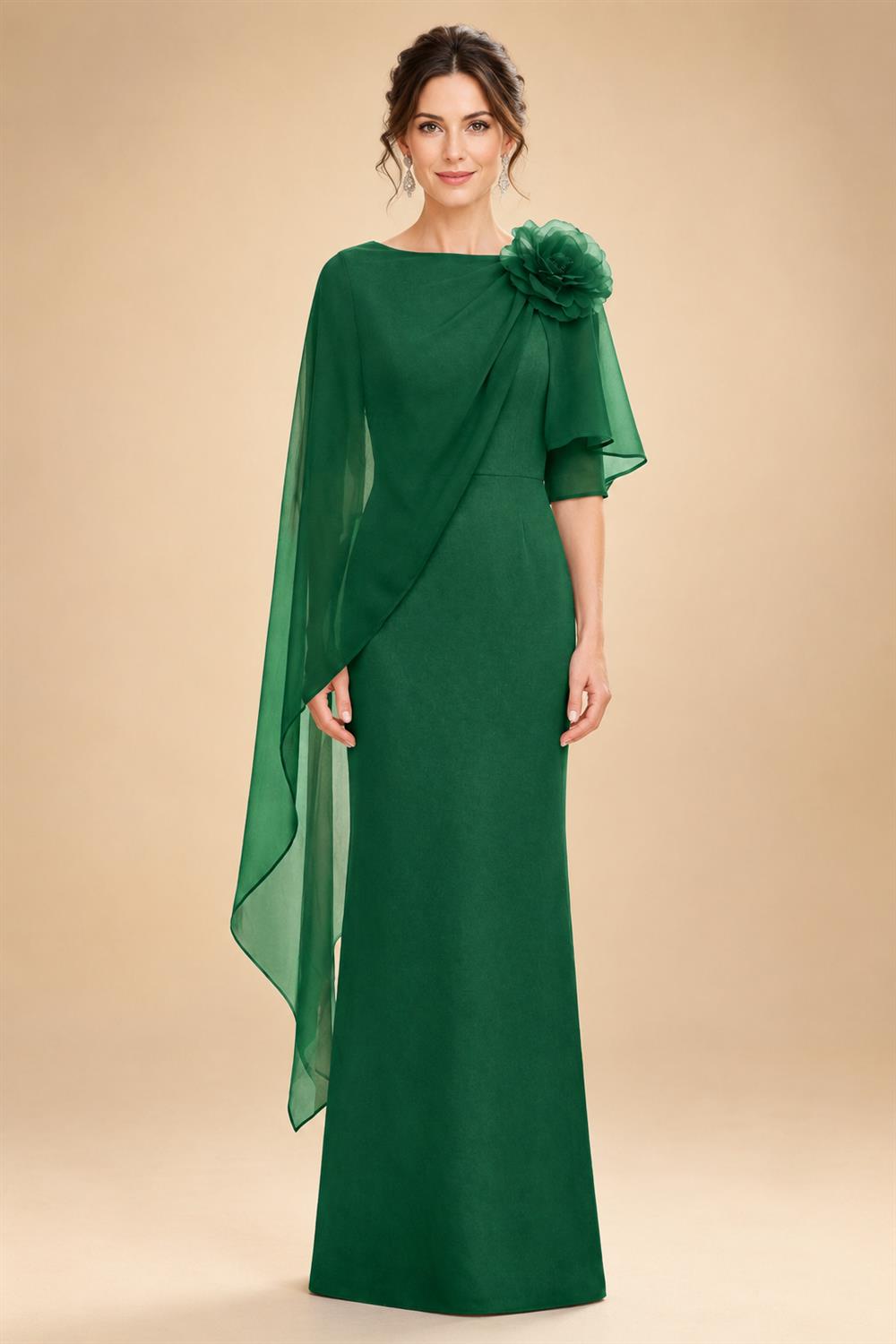 Sheath Satin 3/4 Sleeves Maxi Mother of the Bride & Groom Dresses with Chiffon Cape (SHI22500709)
