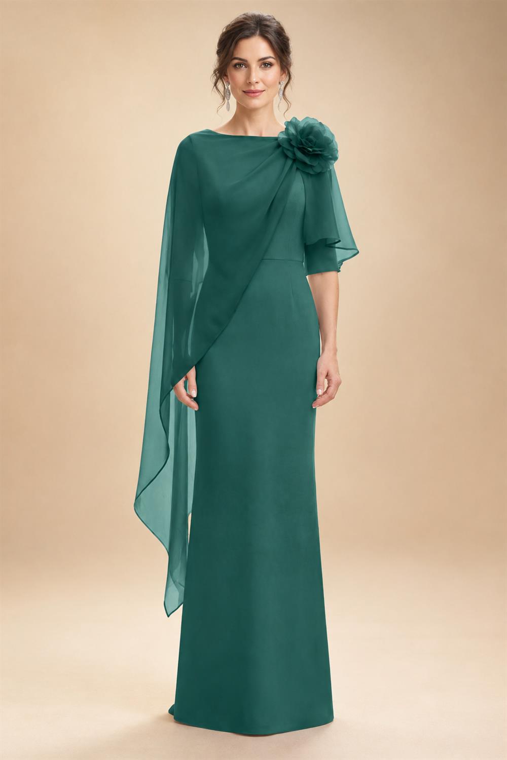 Sheath Satin 3/4 Sleeves Maxi Mother of the Bride & Groom Dresses with Chiffon Cape (SHI22500709)