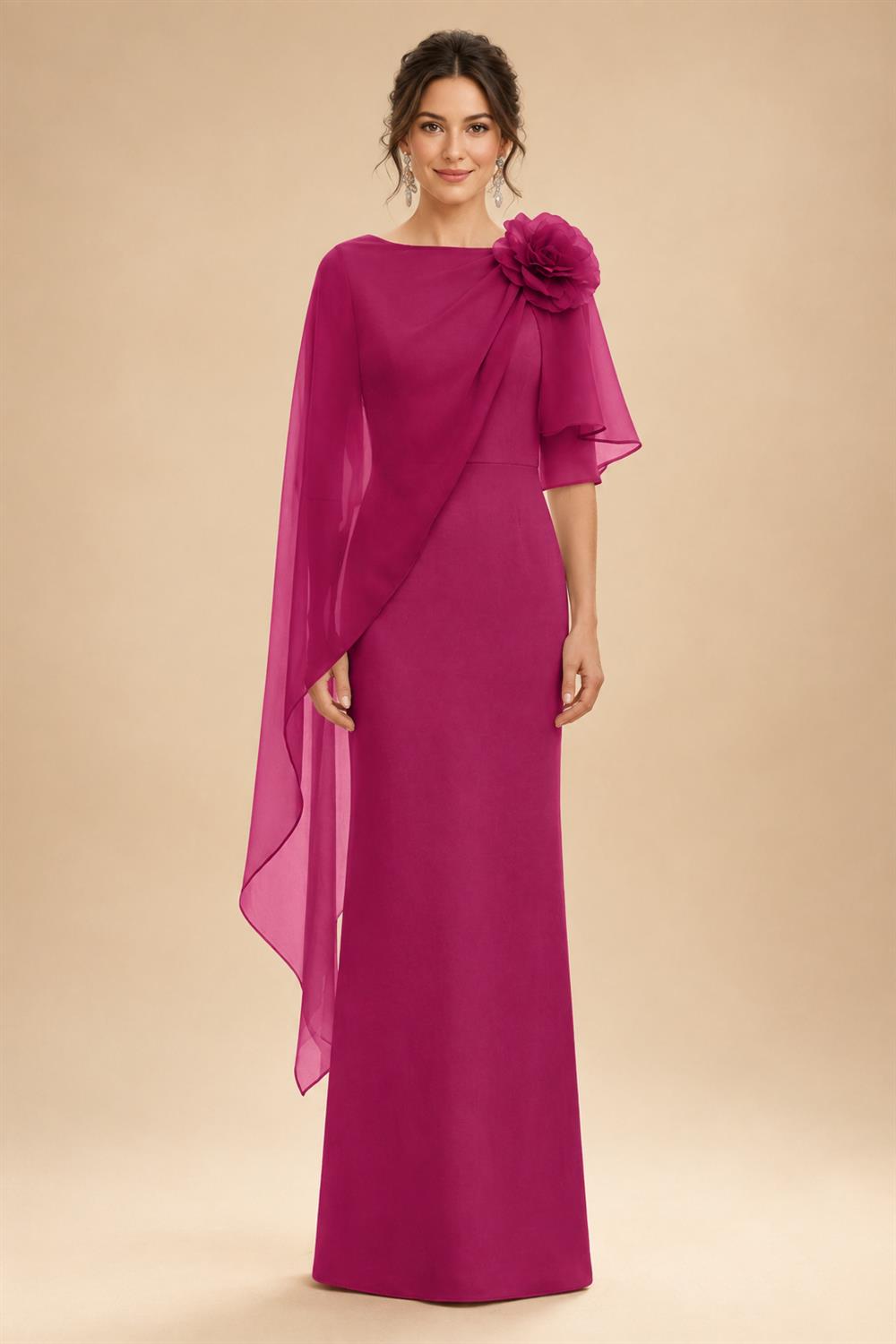 Sheath Satin 3/4 Sleeves Maxi Mother of the Bride & Groom Dresses with Chiffon Cape (SHI22500709)