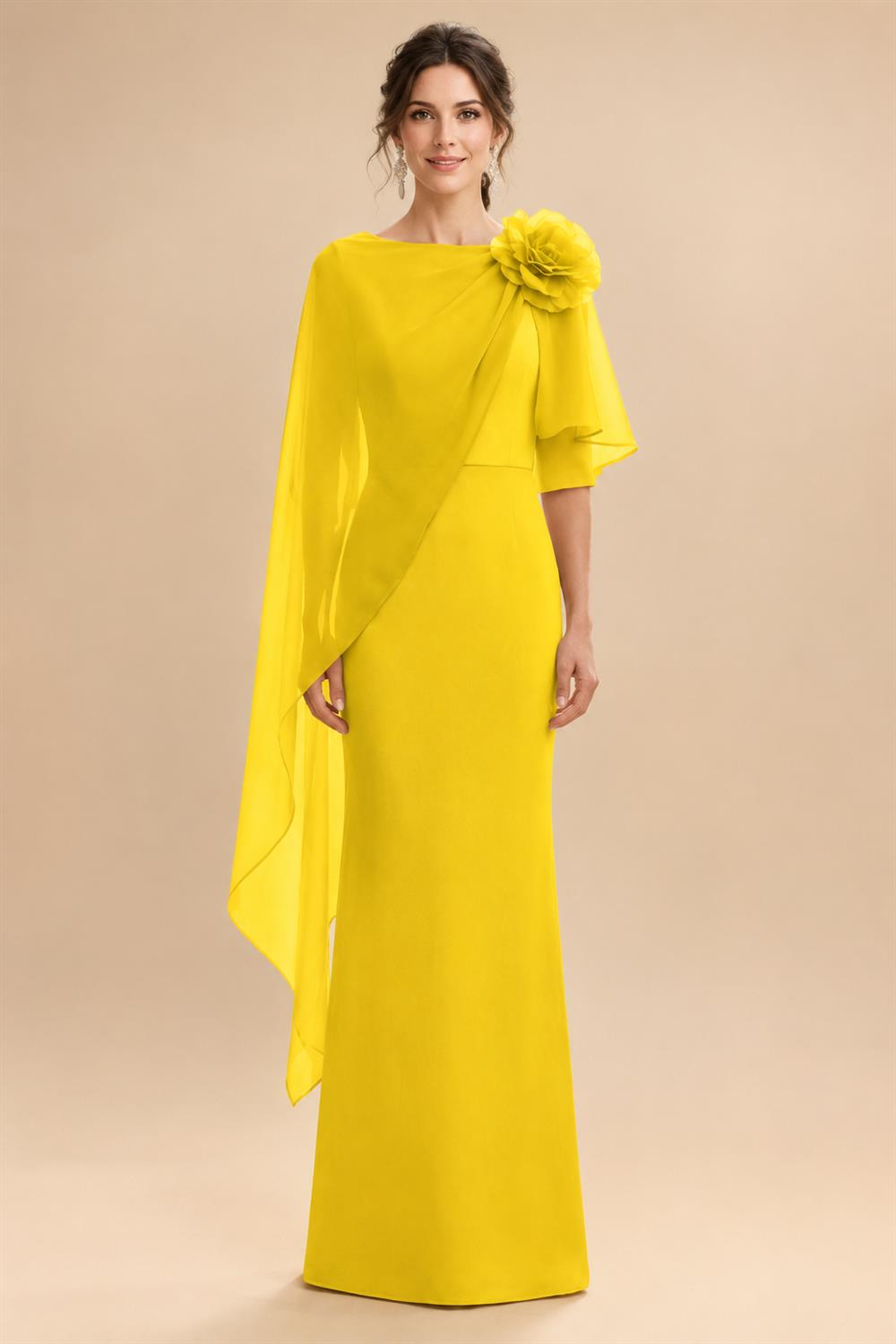 Sheath Satin 3/4 Sleeves Maxi Mother of the Bride & Groom Dresses with Chiffon Cape (SHI22500709)
