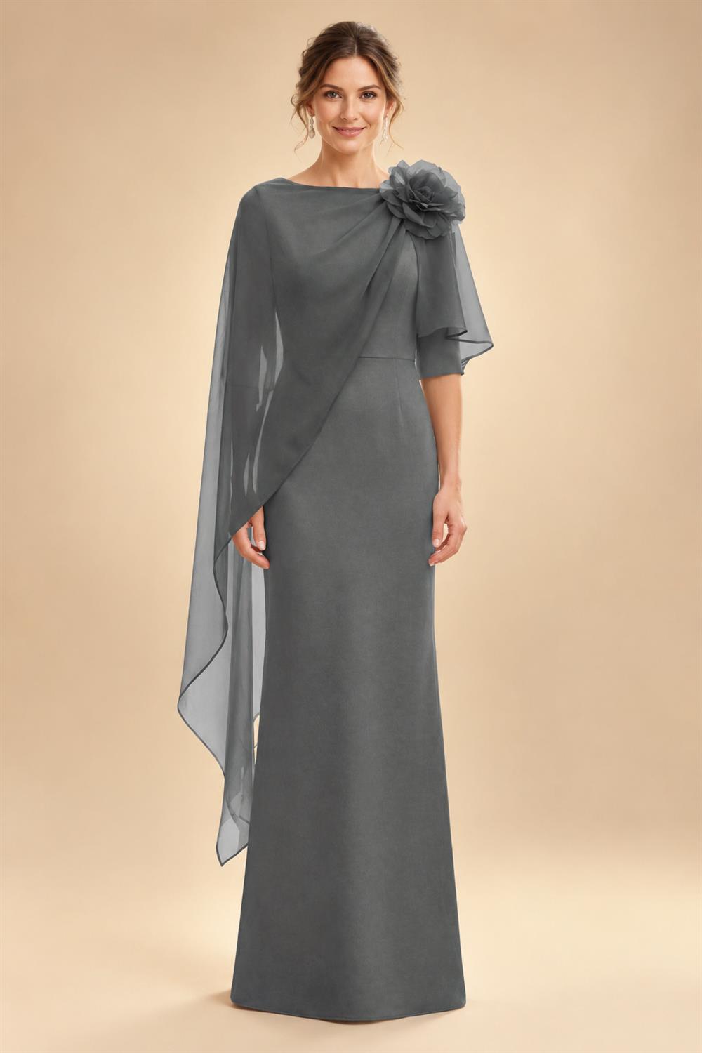 Sheath Satin 3/4 Sleeves Maxi Mother of the Bride & Groom Dresses with Chiffon Cape (SHI22500709)