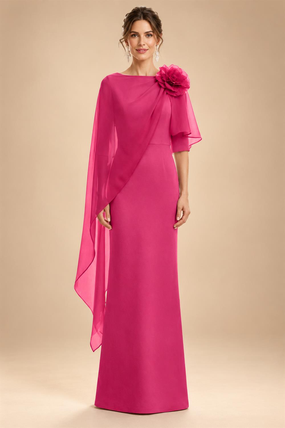 Sheath Satin 3/4 Sleeves Maxi Mother of the Bride & Groom Dresses with Chiffon Cape (SHI22500709)