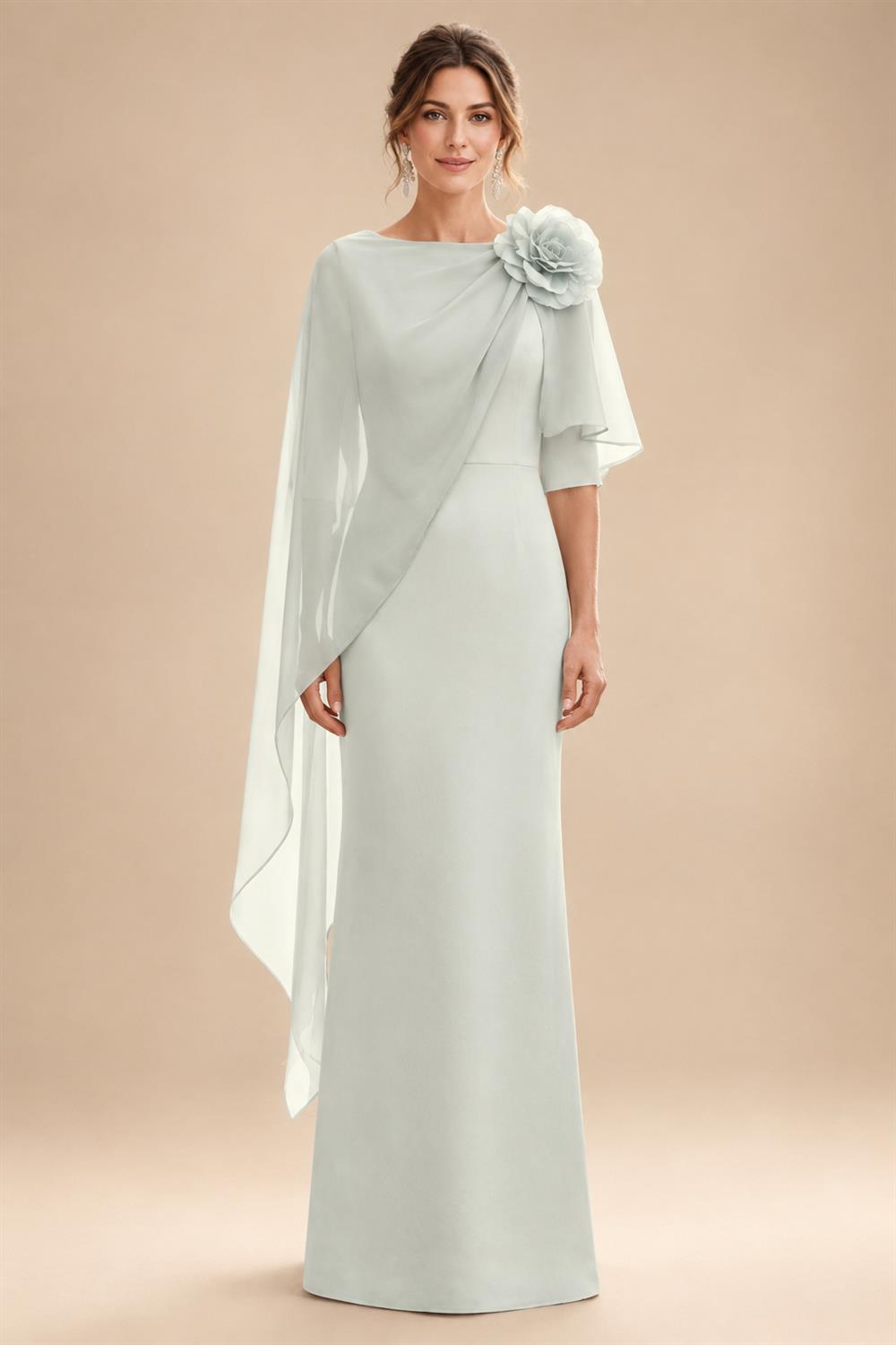 Sheath Satin 3/4 Sleeves Maxi Mother of the Bride & Groom Dresses with Chiffon Cape (SHI22500709)