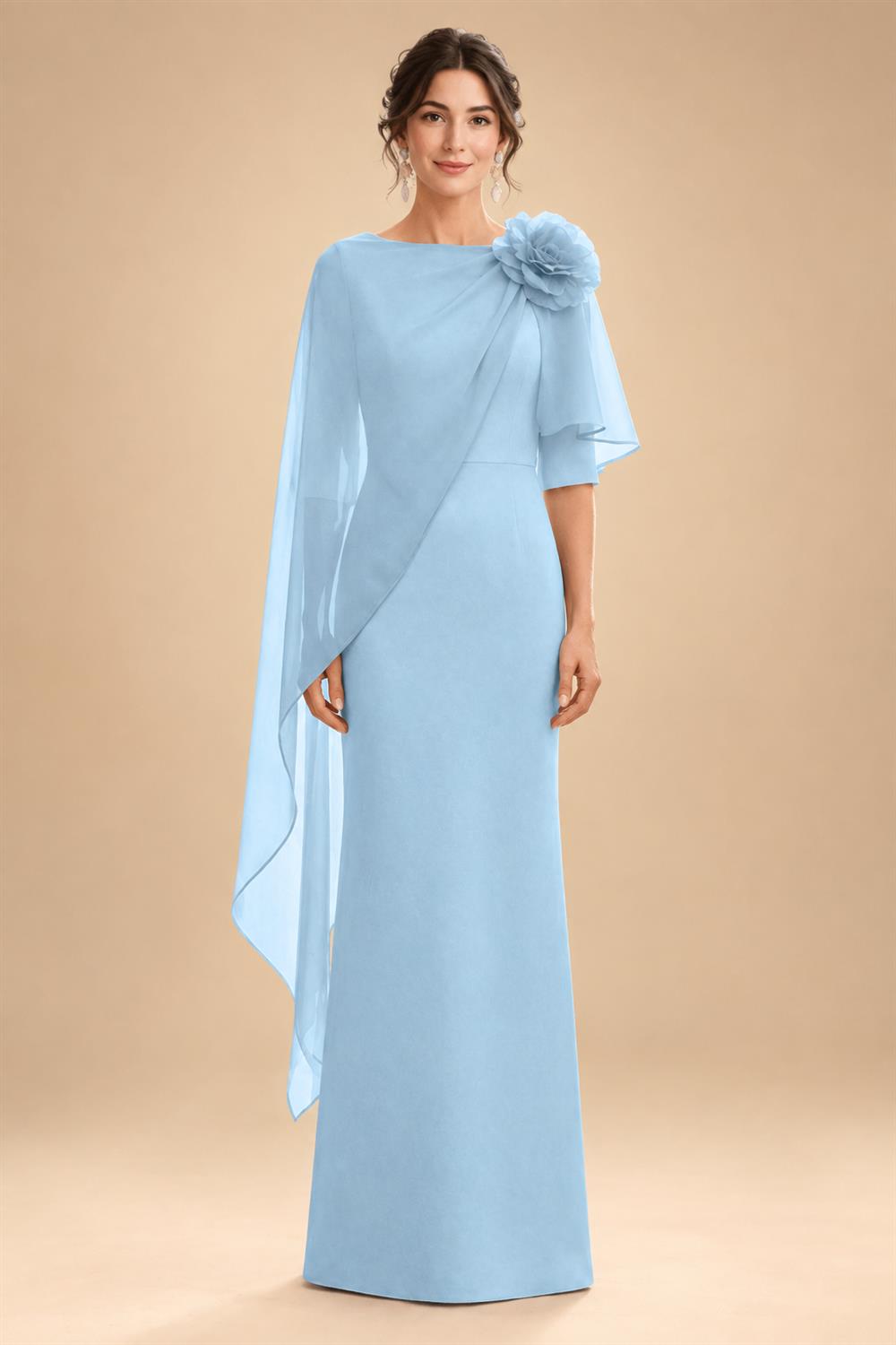 Sheath Satin 3/4 Sleeves Maxi Mother of the Bride & Groom Dresses with Chiffon Cape (SHI22500709)