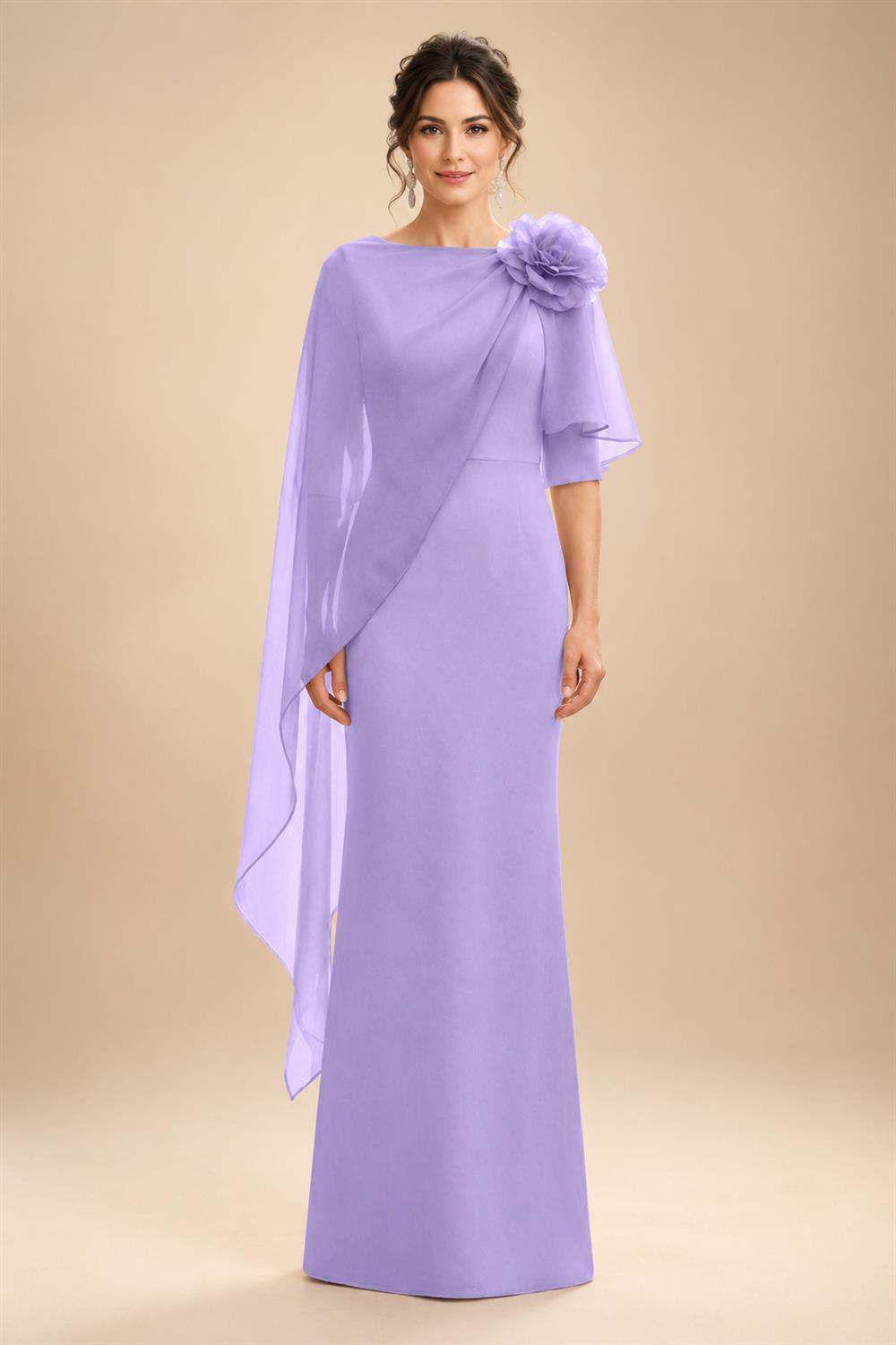 Sheath Satin 3/4 Sleeves Maxi Mother of the Bride & Groom Dresses with Chiffon Cape (SHI22500709)