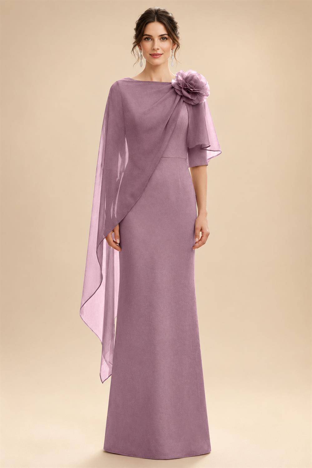 Sheath Satin 3/4 Sleeves Maxi Mother of the Bride & Groom Dresses with Chiffon Cape (SHI22500709)