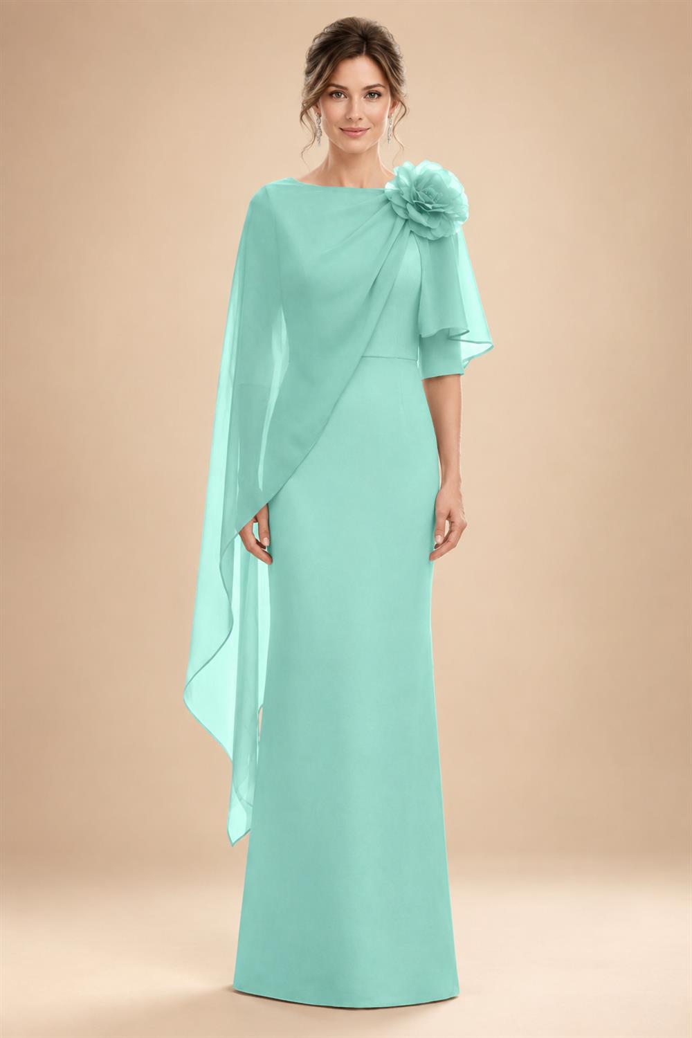 Sheath Satin 3/4 Sleeves Maxi Mother of the Bride & Groom Dresses with Chiffon Cape (SHI22500709)