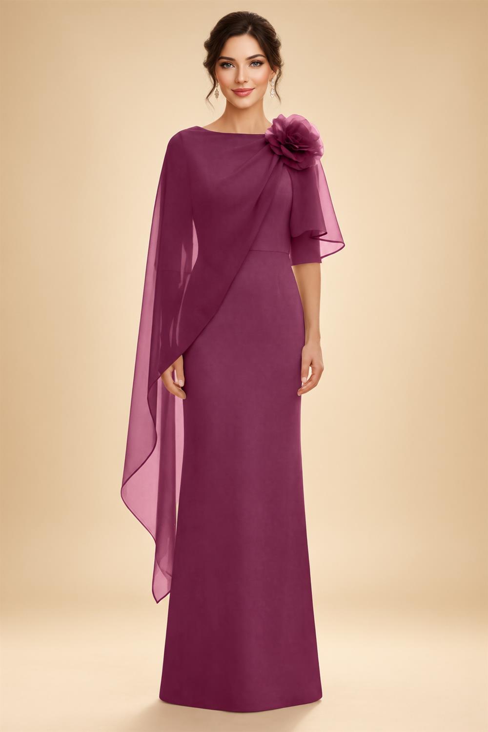 Sheath Satin 3/4 Sleeves Maxi Mother of the Bride & Groom Dresses with Chiffon Cape (SHI22500709)