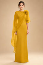 Sheath Satin 3/4 Sleeves Maxi Mother of the Bride & Groom Dresses with Chiffon Cape (SHI22500709)