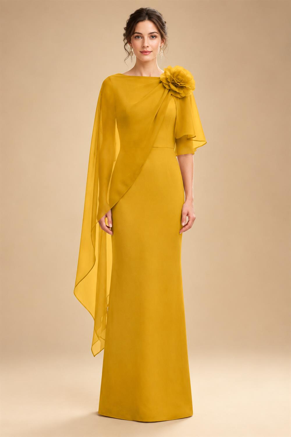 Sheath Satin 3/4 Sleeves Maxi Mother of the Bride & Groom Dresses with Chiffon Cape (SHI22500709)