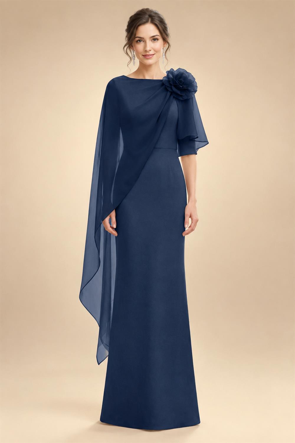 Sheath Satin 3/4 Sleeves Maxi Mother of the Bride & Groom Dresses with Chiffon Cape (SHI22500709)