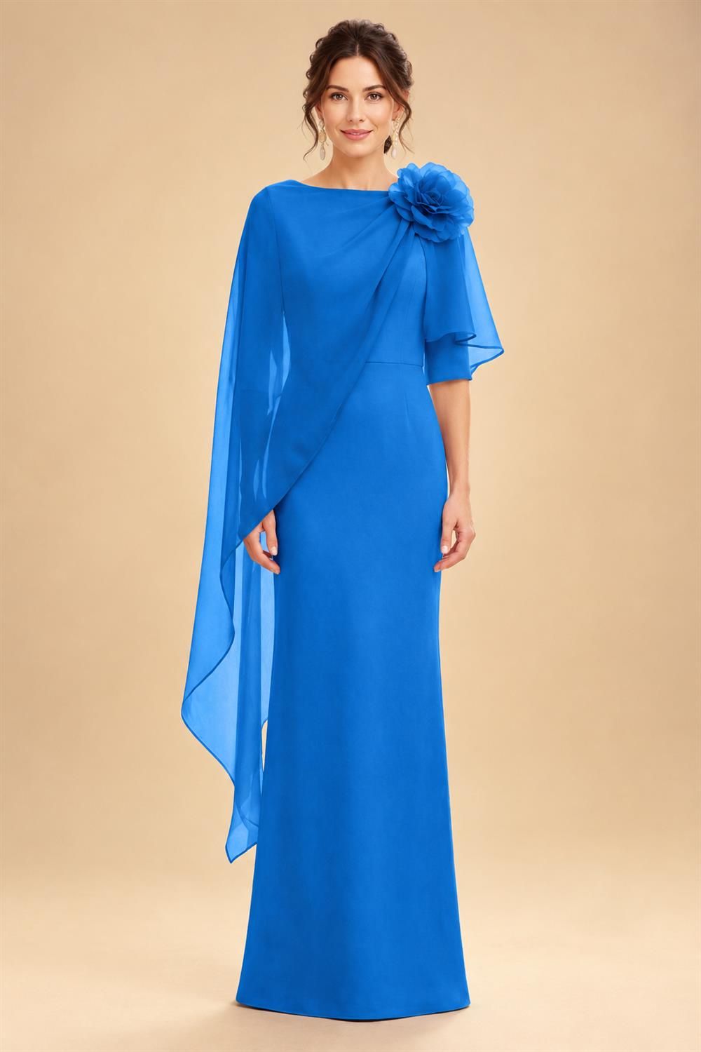 Sheath Satin 3/4 Sleeves Maxi Mother of the Bride & Groom Dresses with Chiffon Cape (SHI22500709)