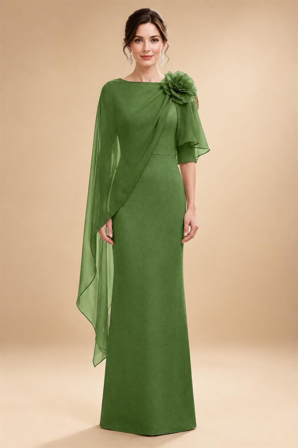 Sheath Satin 3/4 Sleeves Maxi Mother of the Bride & Groom Dresses with Chiffon Cape (SHI22500709)