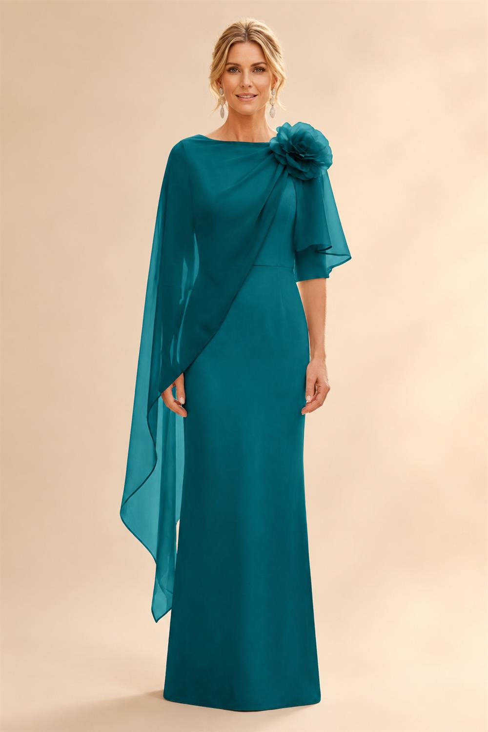 Sheath Satin 3/4 Sleeves Maxi Mother of the Bride & Groom Dresses with Chiffon Cape (SHI22500709)