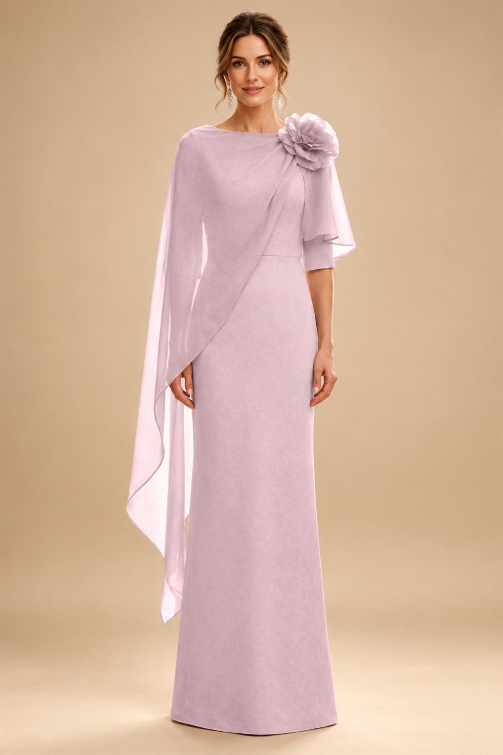 Sheath Satin 3/4 Sleeves Maxi Mother of the Bride & Groom Dresses with Chiffon Cape (SHI22500709)