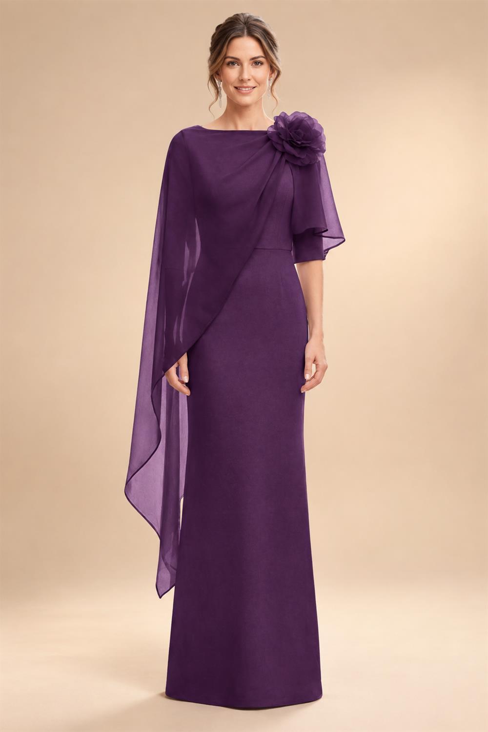Sheath Satin 3/4 Sleeves Maxi Mother of the Bride & Groom Dresses with Chiffon Cape (SHI22500709)