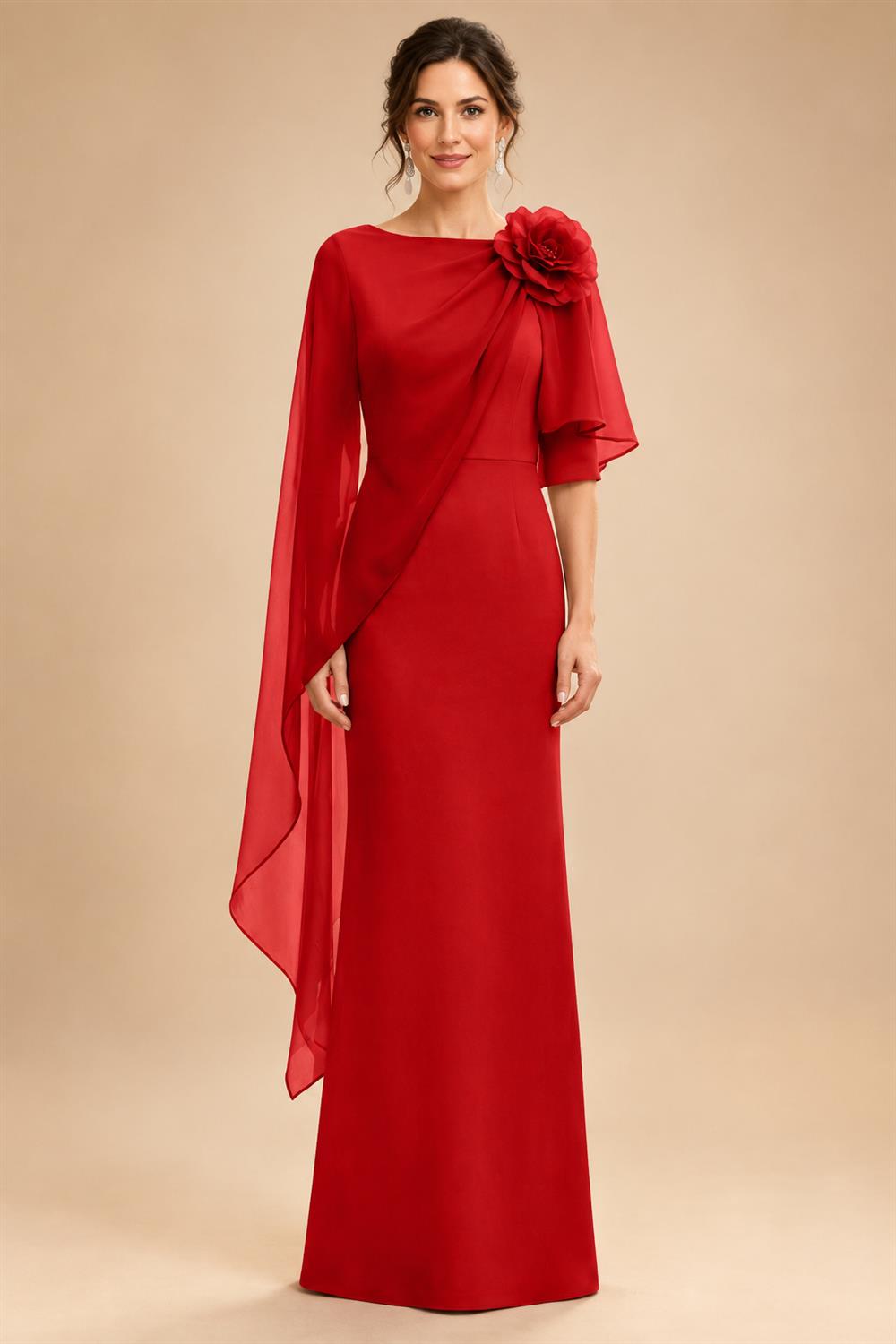 Sheath Satin 3/4 Sleeves Maxi Mother of the Bride & Groom Dresses with Chiffon Cape (SHI22500709)