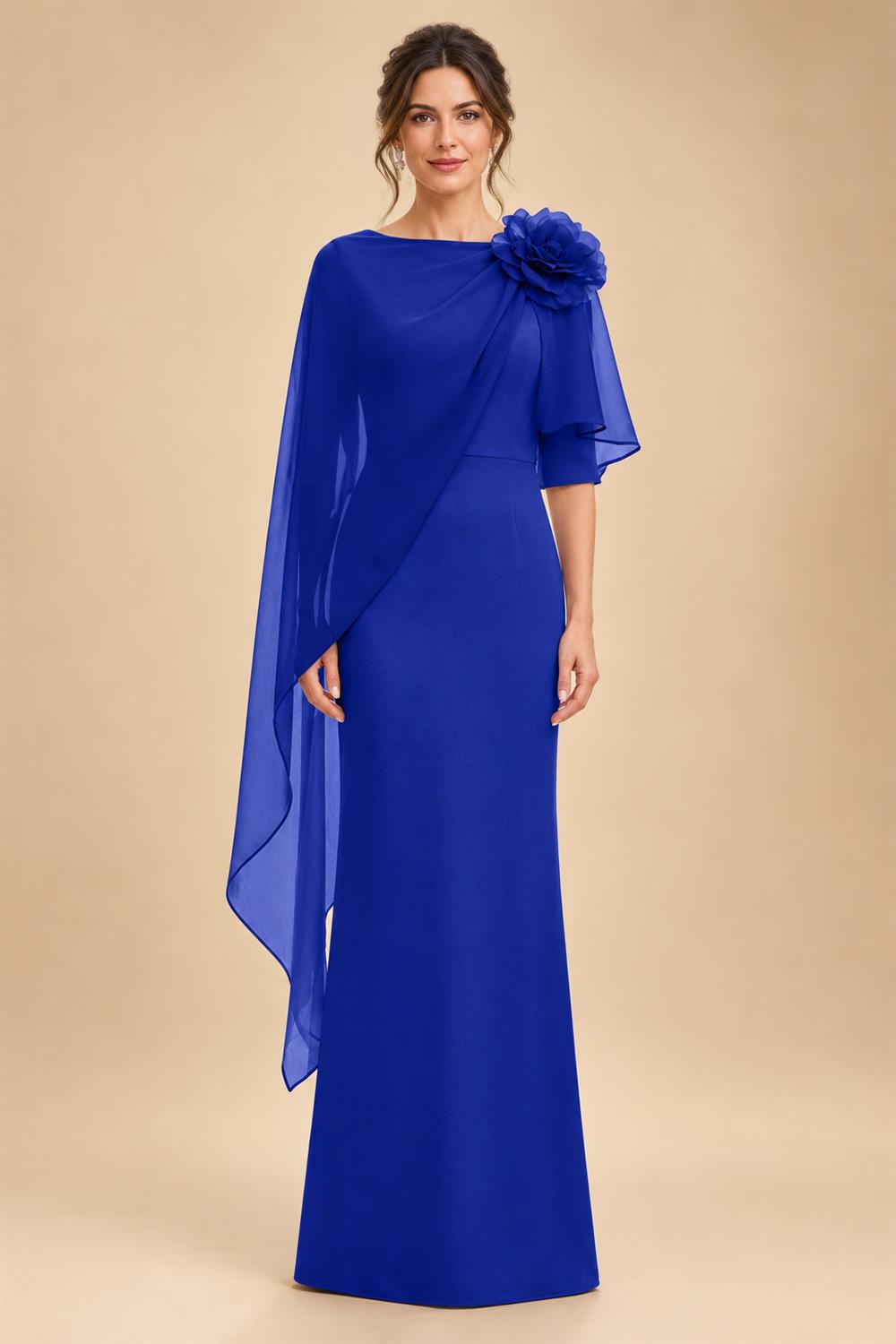 Sheath Satin 3/4 Sleeves Maxi Mother of the Bride & Groom Dresses with Chiffon Cape (SHI22500709)