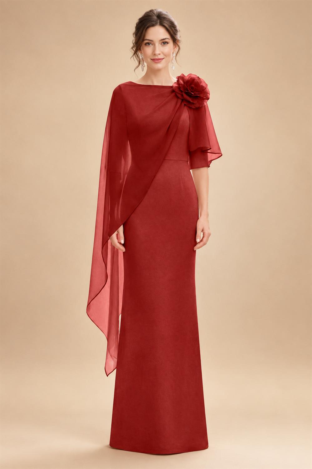 Sheath Satin 3/4 Sleeves Maxi Mother of the Bride & Groom Dresses with Chiffon Cape (SHI22500709)