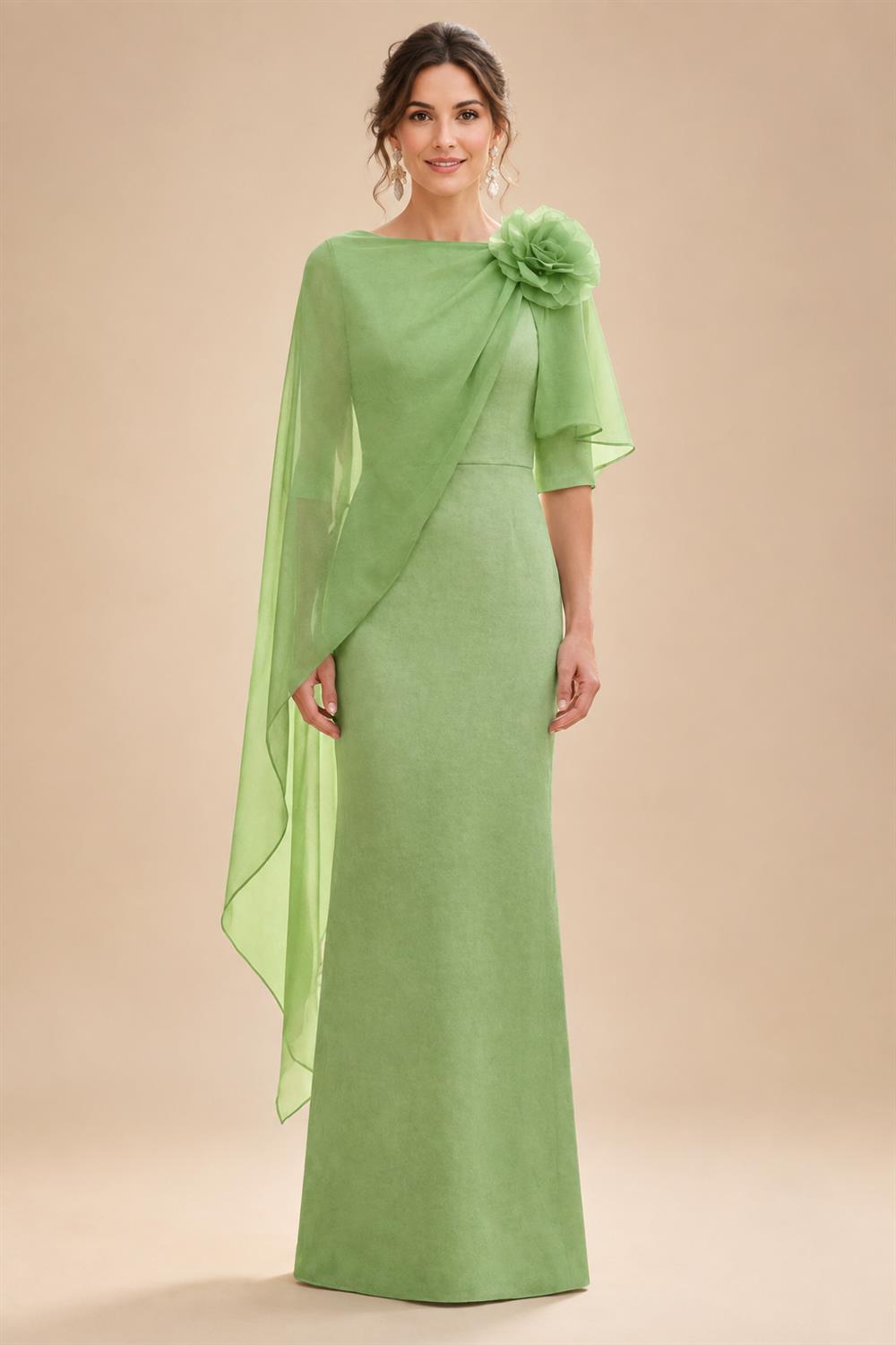 Sheath Satin 3/4 Sleeves Maxi Mother of the Bride & Groom Dresses with Chiffon Cape (SHI22500709)