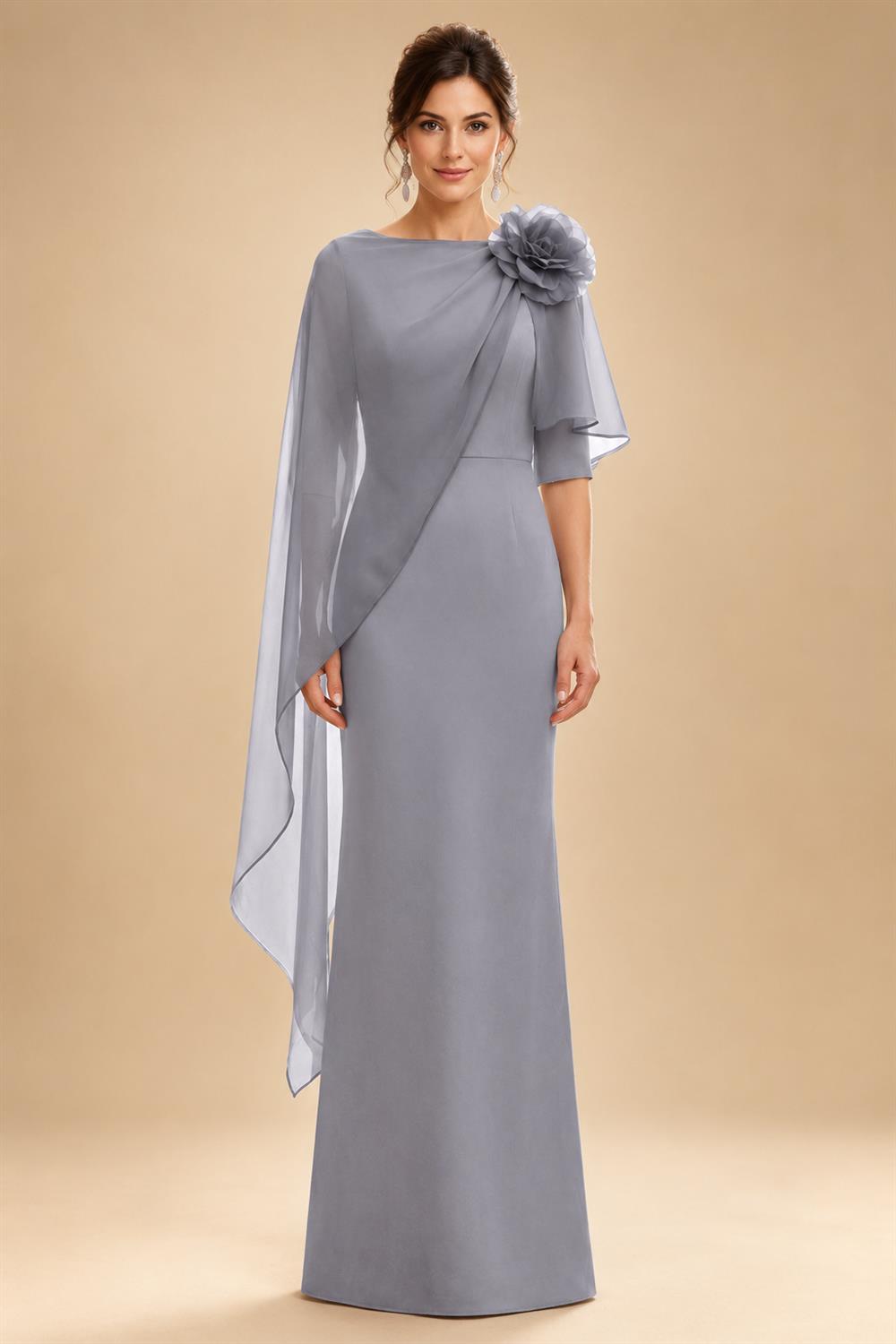 Sheath Satin 3/4 Sleeves Maxi Mother of the Bride & Groom Dresses with Chiffon Cape (SHI22500709)