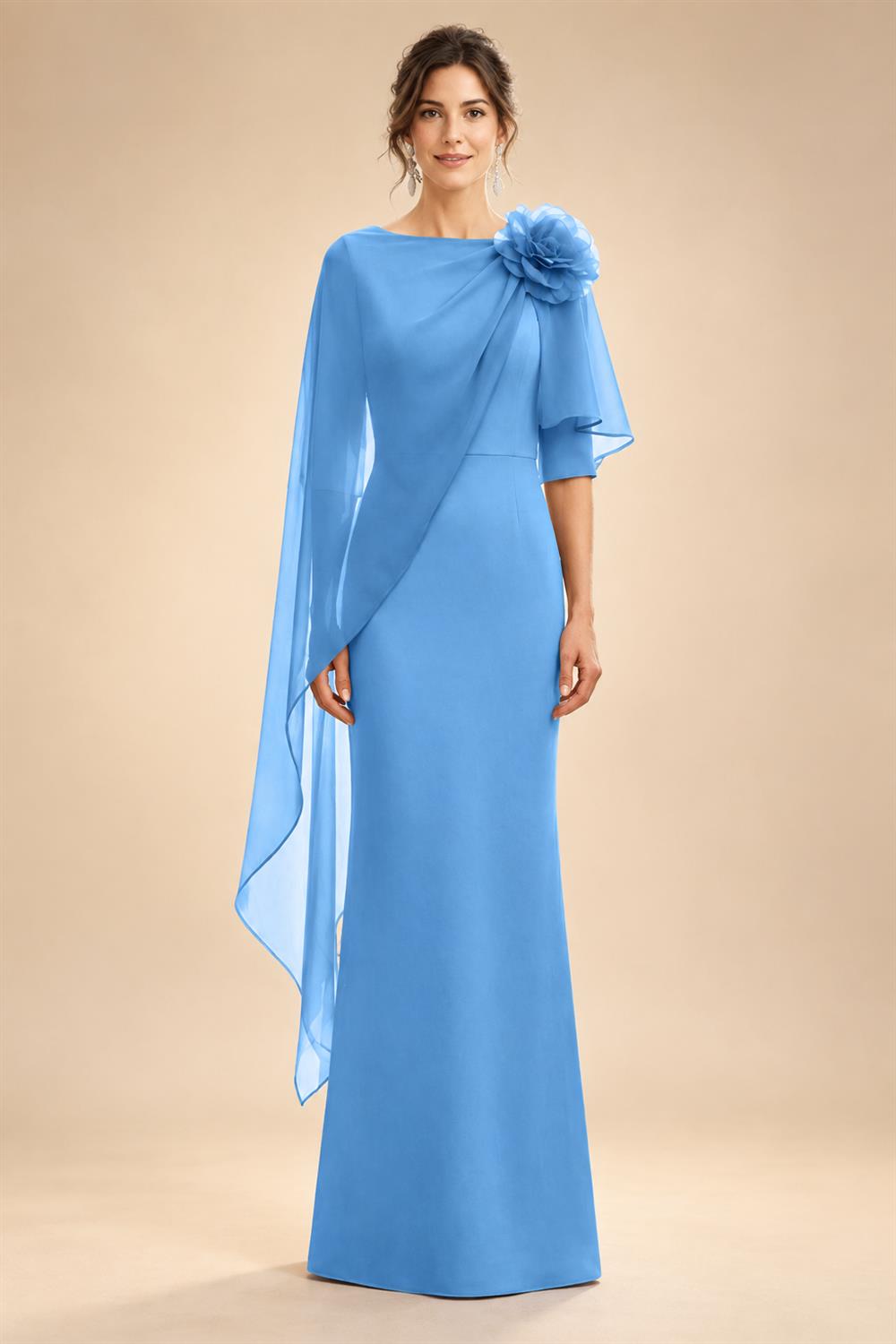 Sheath Satin 3/4 Sleeves Maxi Mother of the Bride & Groom Dresses with Chiffon Cape (SHI22500709)