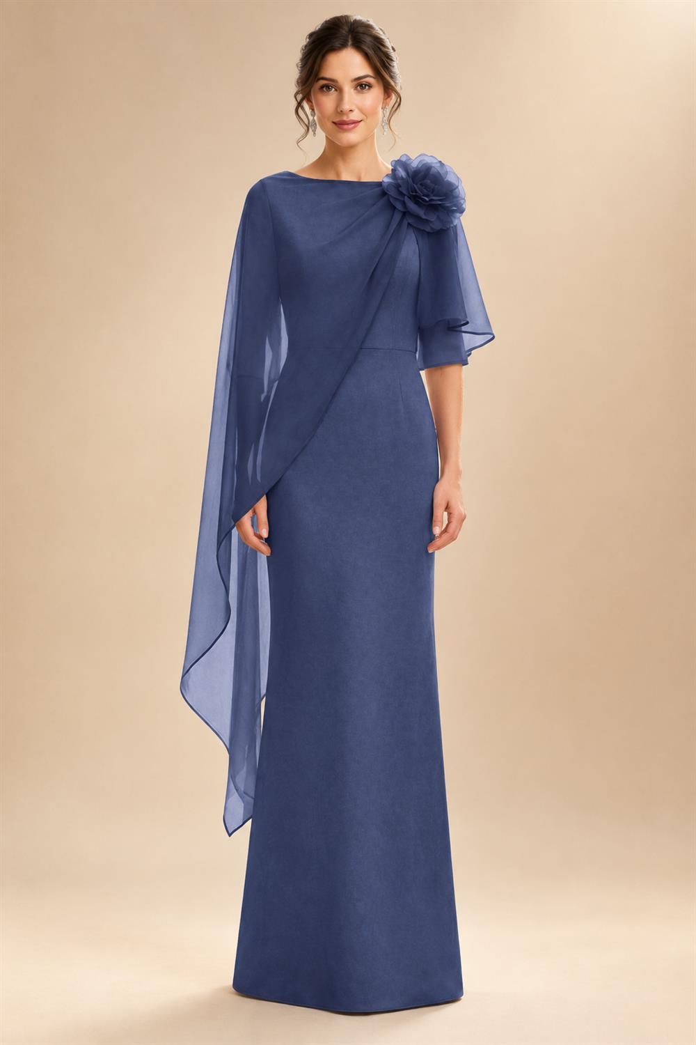 Sheath Satin 3/4 Sleeves Maxi Mother of the Bride & Groom Dresses with Chiffon Cape (SHI22500709)