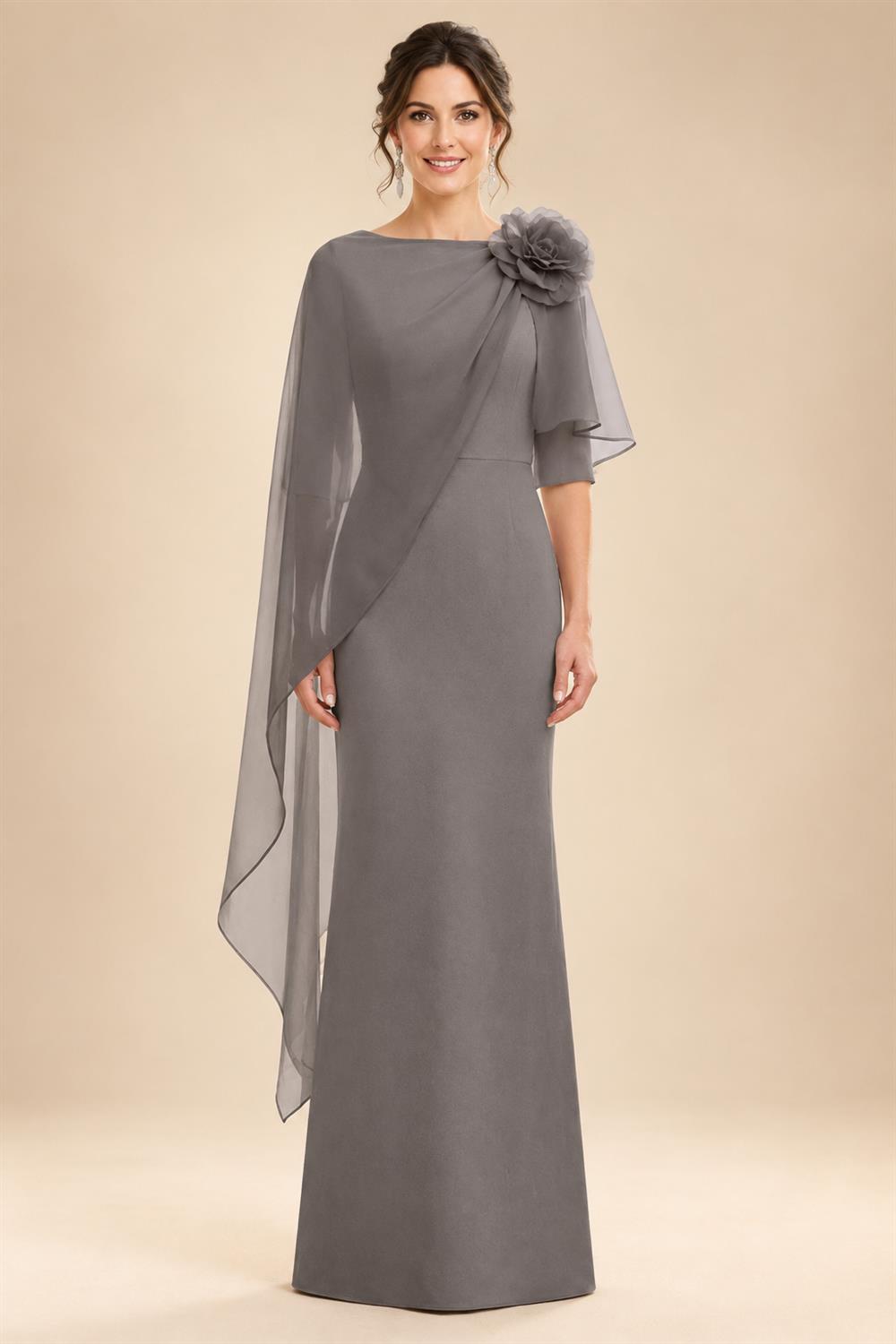 Sheath Satin 3/4 Sleeves Maxi Mother of the Bride & Groom Dresses with Chiffon Cape (SHI22500709)