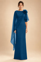 Sheath Satin 3/4 Sleeves Maxi Mother of the Bride & Groom Dresses with Chiffon Cape (SHI22500709)