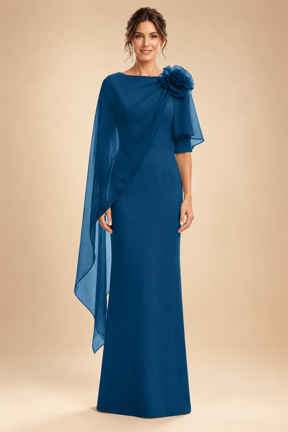 Sheath Satin 3/4 Sleeves Maxi Mother of the Bride & Groom Dresses with Chiffon Cape (SHI22500709)