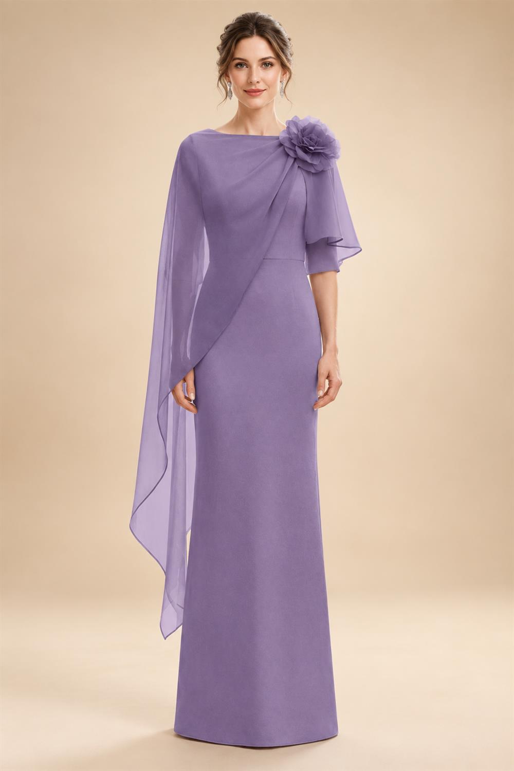Sheath Satin 3/4 Sleeves Maxi Mother of the Bride & Groom Dresses with Chiffon Cape (SHI22500709)