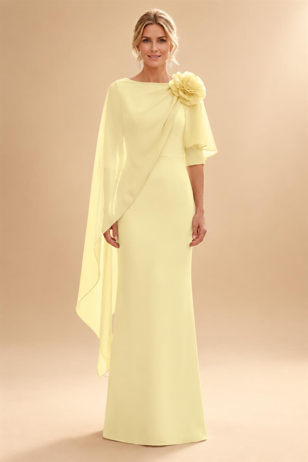 Sheath Satin 3/4 Sleeves Maxi Mother of the Bride & Groom Dresses with Chiffon Cape (SHI22500709)