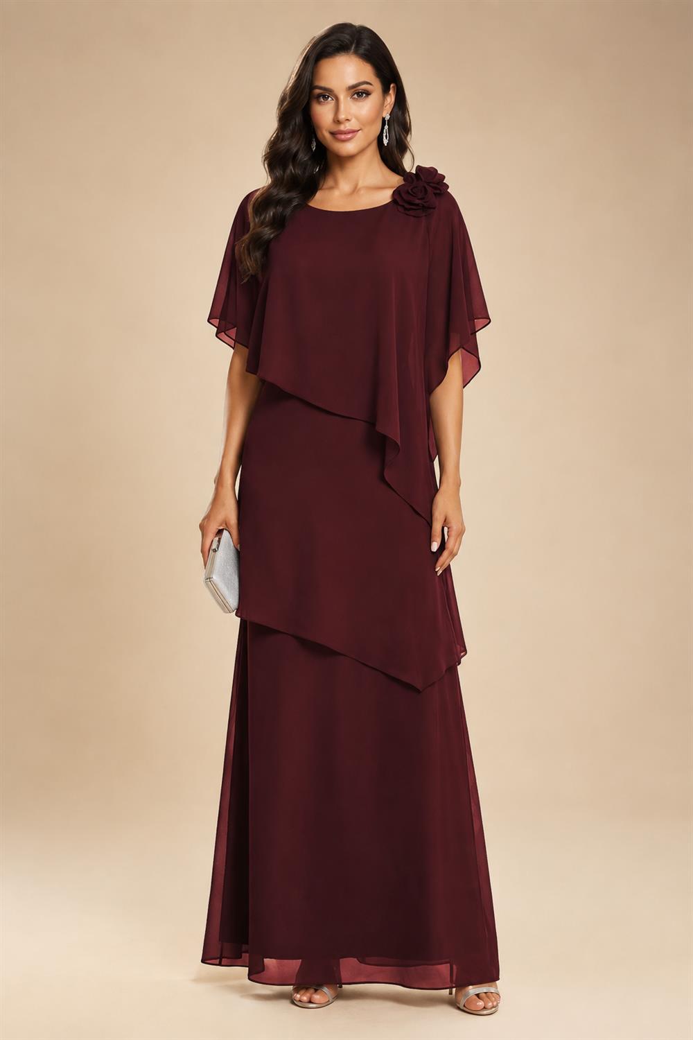 A-Line Floor-Length Chiffon Cape Sleeves Mother of the Bride & Groom Dresses with Tiered Ruffles (SHI22500723)