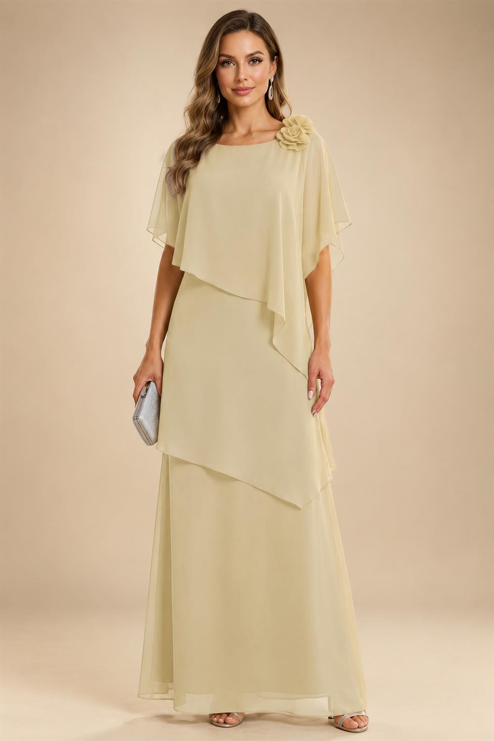 A-Line Floor-Length Chiffon Cape Sleeves Mother of the Bride & Groom Dresses with Tiered Ruffles (SHI22500723)