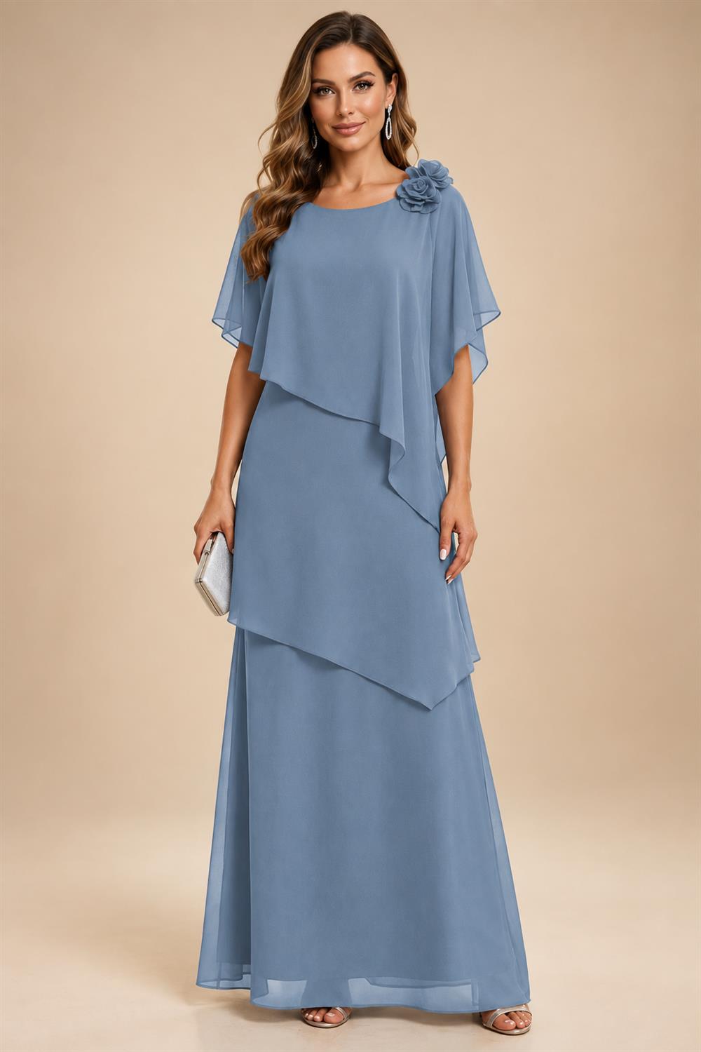 A-Line Floor-Length Chiffon Cape Sleeves Mother of the Bride & Groom Dresses with Tiered Ruffles (SHI22500723)