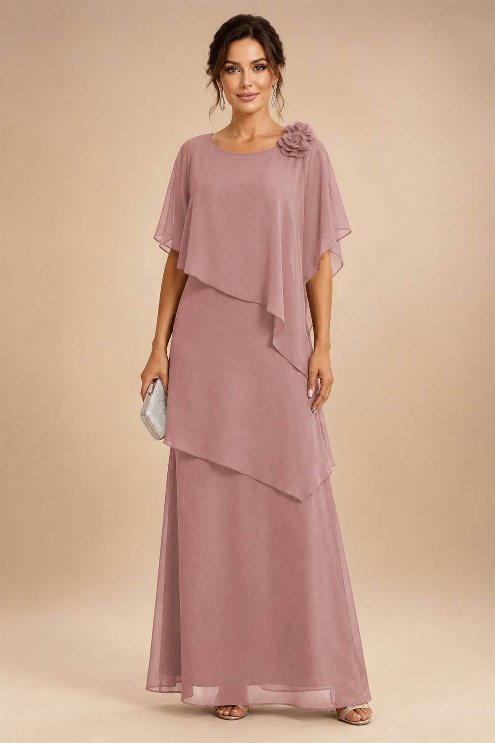 A-Line Floor-Length Chiffon Cape Sleeves Mother of the Bride & Groom Dresses with Tiered Ruffles (SHI22500723)