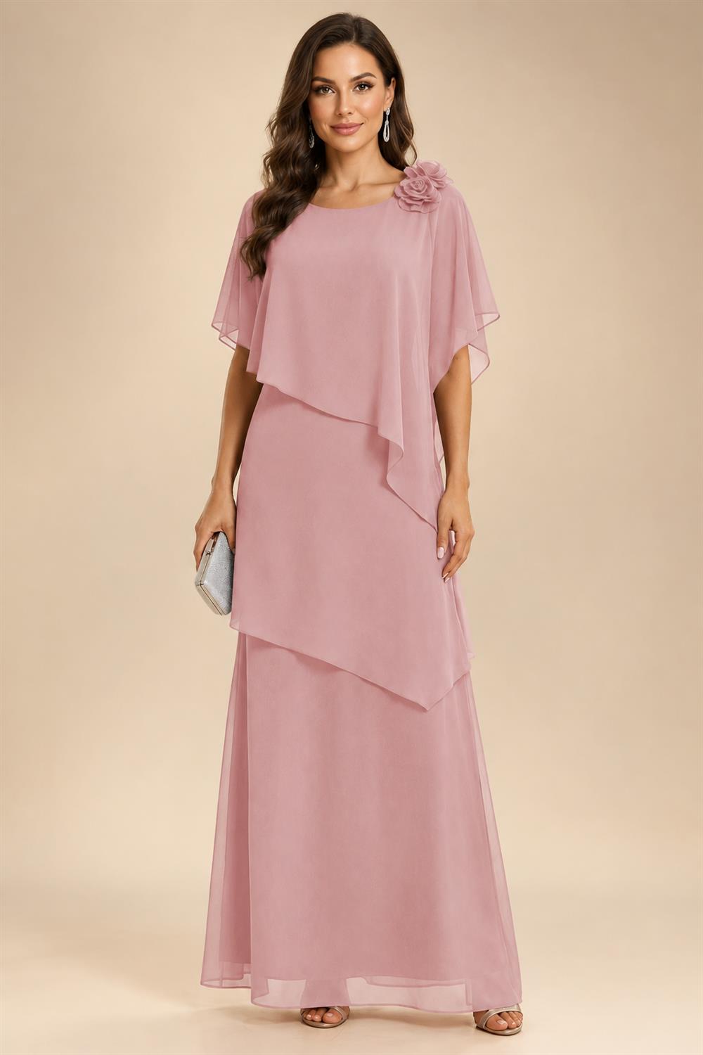 A-Line Floor-Length Chiffon Cape Sleeves Mother of the Bride & Groom Dresses with Tiered Ruffles (SHI22500723)