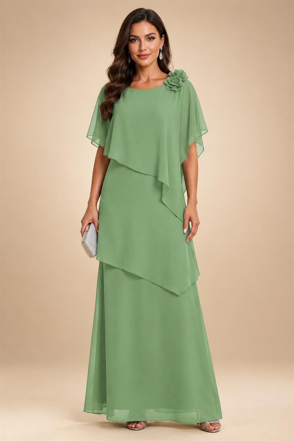 A-Line Floor-Length Chiffon Cape Sleeves Mother of the Bride & Groom Dresses with Tiered Ruffles (SHI22500723)