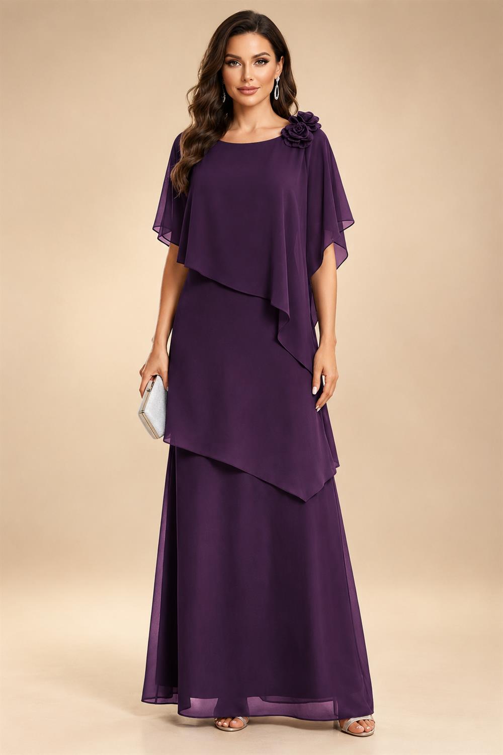 A-Line Floor-Length Chiffon Cape Sleeves Mother of the Bride & Groom Dresses with Tiered Ruffles (SHI22500723)