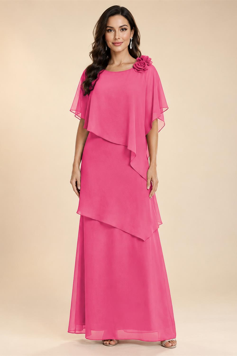 A-Line Floor-Length Chiffon Cape Sleeves Mother of the Bride & Groom Dresses with Tiered Ruffles (SHI22500723)