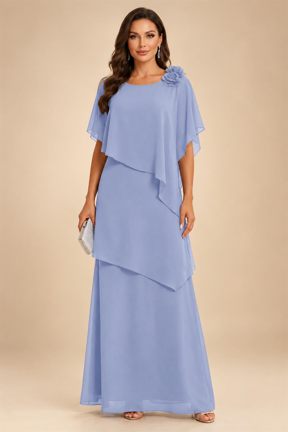 A-Line Floor-Length Chiffon Cape Sleeves Mother of the Bride & Groom Dresses with Tiered Ruffles (SHI22500723)