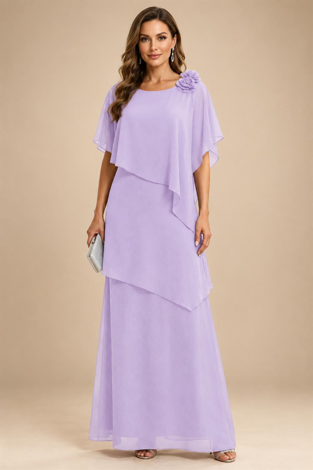 A-Line Floor-Length Chiffon Cape Sleeves Mother of the Bride & Groom Dresses with Tiered Ruffles (SHI22500723)