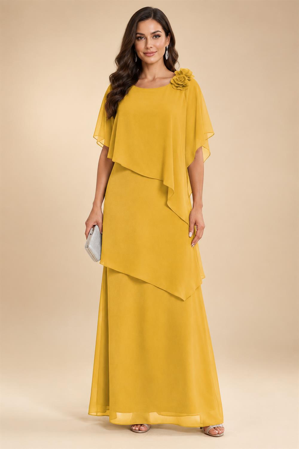 A-Line Floor-Length Chiffon Cape Sleeves Mother of the Bride & Groom Dresses with Tiered Ruffles (SHI22500723)