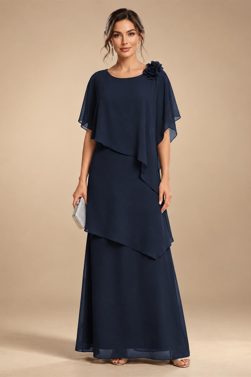 A-Line Floor-Length Chiffon Cape Sleeves Mother of the Bride & Groom Dresses with Tiered Ruffles (SHI22500723)
