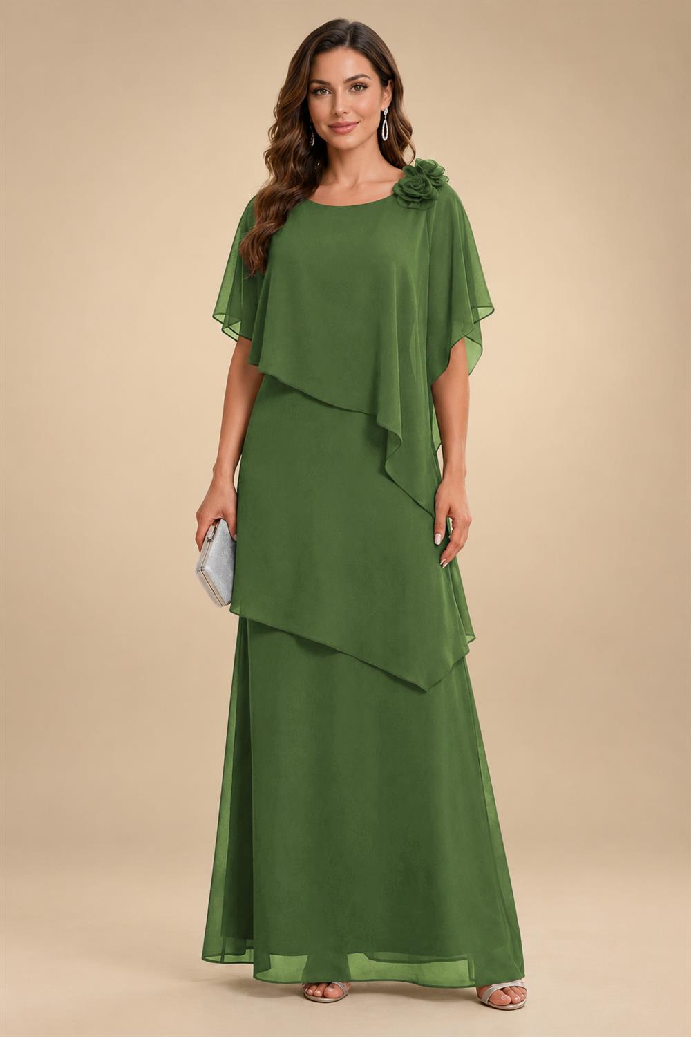 A-Line Floor-Length Chiffon Cape Sleeves Mother of the Bride & Groom Dresses with Tiered Ruffles (SHI22500723)