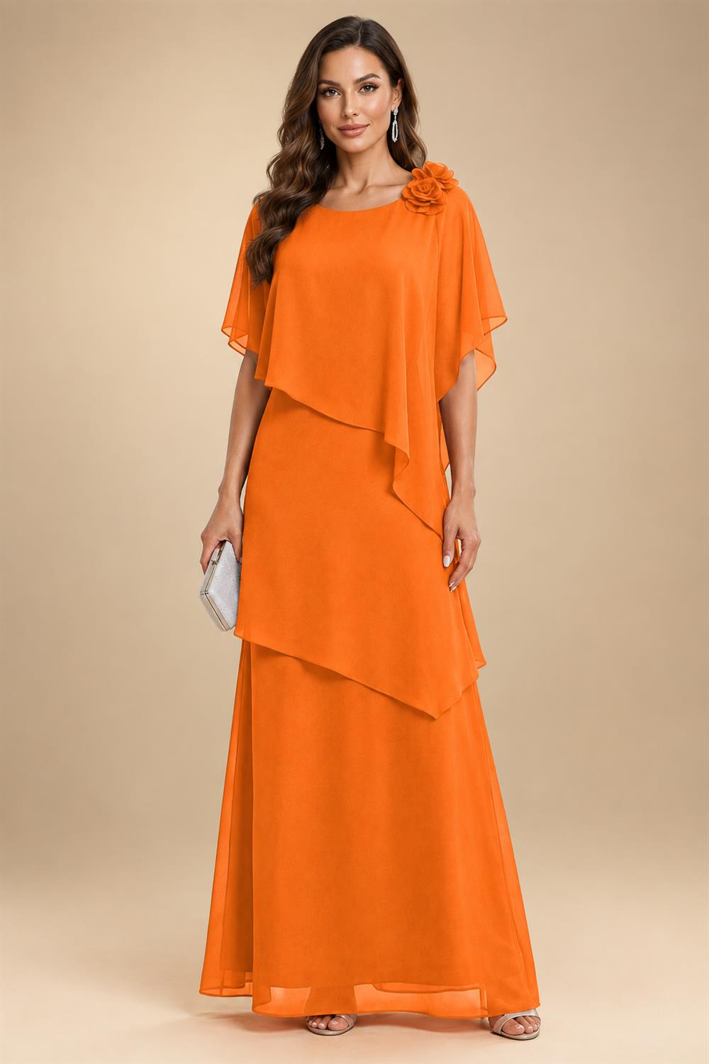 A-Line Floor-Length Chiffon Cape Sleeves Mother of the Bride & Groom Dresses with Tiered Ruffles (SHI22500723)